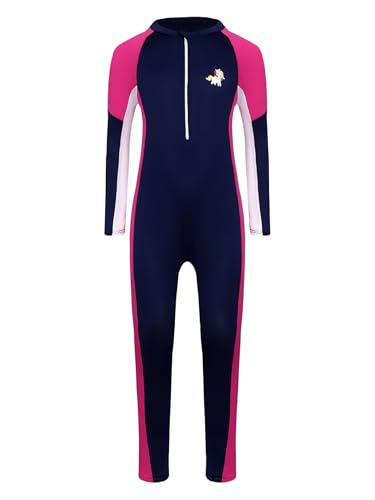 Fldy Kinder Mädchen Badeanzug Einteiler Langarm Ganzkörper Bademode Rush Guard Wasseranzug Badekleidung Zum Schwimmen Baden Surfen Strand Marineblau 134-140 von Fldy