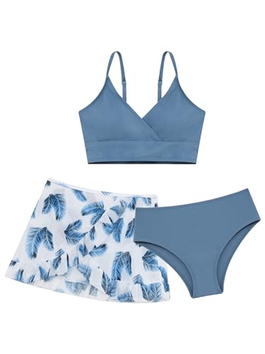 Fldy Kinder Mädchen Bikini Tankini Set Mit Rock Bademode 3 Stück Set Mit Süße Blumenmuster Strand Schwimmbekleidung Dunstblau_A 146-152 von Fldy