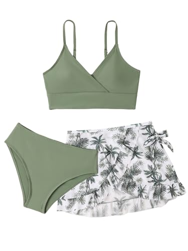 Fldy Kinder Mädchen Bikini Tankini Set Mit Rock Bademode 3 Stück Set Mit Süße Blumenmuster Strand Schwimmbekleidung Grün_A 140-146 von Fldy