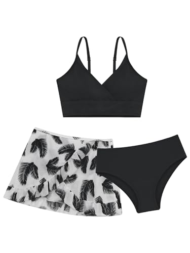 Fldy Kinder Mädchen Bikini Tankini Set Mit Rock Bademode 3 Stück Set Mit Süße Blumenmuster Strand Schwimmbekleidung Schwarz_A 158-164 von Fldy
