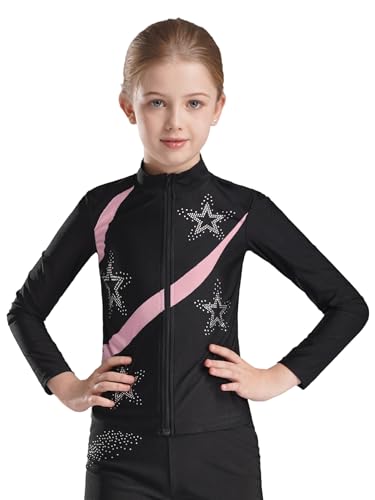 Fldy Kinder Mädchen Eiskunstlauf Jacke Sport Trainingsjacke Sim Fit Mit Glitzer Strasssteinen Kinder Stretch Laufen Yoga Fitness Top Rosa 122-128 von Fldy