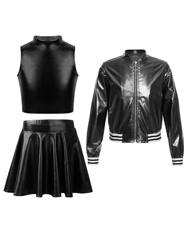 Fldy Mädchen Glitzer Outfit Pailletten Metallic Bomberjacke Crop Top Und Skater Rock Kinder Disco Jazz Tanz Party Festival Bekleidungsset Schwarz 158-164 von Fldy