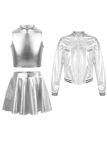 Fldy Mädchen Glitzer Outfit Pailletten Metallic Bomberjacke Crop Top Und Skater Rock Kinder Disco Jazz Tanz Party Festival Bekleidungsset Silber 146-152 von Fldy