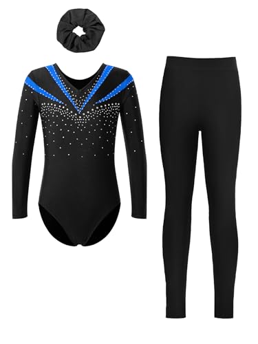 Fldy Kinder Mädchen Gymnastikanzug Langarm Mit Hose Lang Glitzer Turn Trikot Leggings Haargummi 3er Tanzkleidung Set Blau&Schwarz 146-152 von Fldy