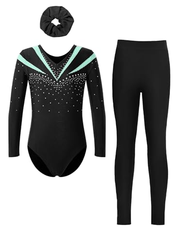 Fldy Kinder Mädchen Gymnastikanzug Langarm Mit Hose Lang Glitzer Turn Trikot Leggings Haargummi 3er Tanzkleidung Set Hellgrün&Schwarz 134-140 von Fldy