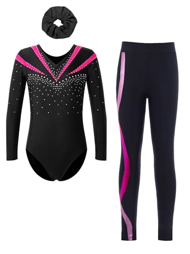 Fldy Kinder Mädchen Gymnastikanzug Langarm Mit Hose Lang Glitzer Turn Trikot Leggings Haargummi 3er Tanzkleidung Set Hotpink 146-152 von Fldy