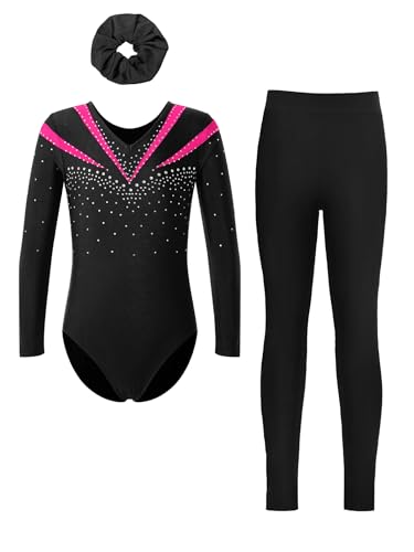 Fldy Kinder Mädchen Gymnastikanzug Langarm Mit Hose Lang Glitzer Turn Trikot Leggings Haargummi 3er Tanzkleidung Set Hotpink&Schwarz 122-128 von Fldy
