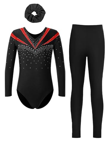 Fldy Kinder Mädchen Gymnastikanzug Langarm Mit Hose Lang Glitzer Turn Trikot Leggings Haargummi 3er Tanzkleidung Set Rot&Schwarz 146-152 von Fldy