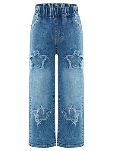 Fldy Kinder Mädchen Jeans Mit Weitem Bein Mode Stern-Aufnäher Denim Jeans Hose Gerade Mit Elastischem Bund Gr. 110-170 Blau 122-128 von Fldy