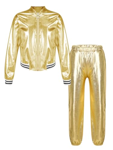 Fldy Kinder Mädchen Jungen Traininganzüge 80er 90er Hip Hop Jazz Tanzkleidung Glänzend Metallic Fligerjacke Bomberjacke Hose Set Sport Outfit Gold_A 170 von Fldy