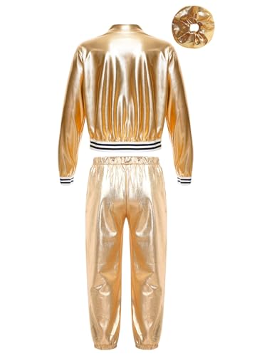 Fldy Kinder Mädchen Jungen Traininganzüge 80er 90er Hip Hop Jazz Tanzkleidung Glänzend Metallic Fligerjacke Bomberjacke Hose Set Sport Outfit Gold_A&Haargummi 158-164 von Fldy