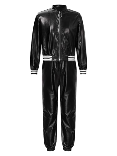 Fldy Kinder Mädchen Jungen Traininganzüge 80er 90er Hip Hop Jazz Tanzkleidung Glänzend Metallic Fligerjacke Bomberjacke Hose Set Sport Outfit Schwarz_A 134-140 von Fldy