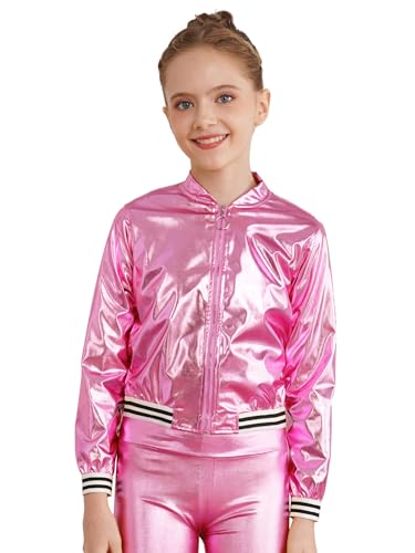 Fldy Kinder Mädchen Metallic Baseball Jacke Langarm Glänzend College Jacke Mit Reißverschluss Kinder Disco Party Top Hip Hop Kleidung Streetdance Outfit Rosa 134-140 von Fldy