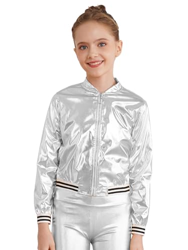 Fldy Kinder Mädchen Metallic Baseball Jacke Langarm Glänzend College Jacke Mit Reißverschluss Kinder Disco Party Top Hip Hop Kleidung Streetdance Outfit Silber 134-140 von Fldy
