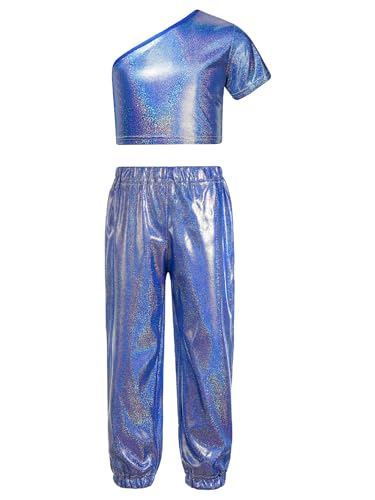 Fldy Kinder Mädchen Metallic Hose Shirt Set Glitzer Hip Hop Tanz Jazz Kleidung Sport Trainingsanzug Faschnacht Party Show Tanz Outfit Blau_A 122-128 von Fldy