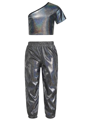 Fldy Kinder Mädchen Metallic Hose Shirt Set Glitzer Hip Hop Tanz Jazz Kleidung Sport Trainingsanzug Faschnacht Party Show Tanz Outfit Schwarz_A 146-152 von Fldy