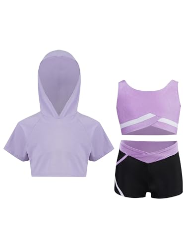 Fldy Kinder Mädchen Trainingsanzug Sport Set Kurzarm Hoodie Crop Tank Top Und Shorts Mädchen Sommer Kleidung Set Tanz Workout Laufen Outfit Hellviolett_A 122-128 von Fldy