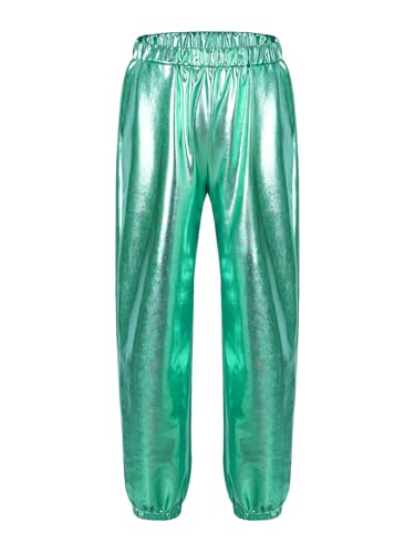 Fldy Kinder Tanzhose Mädchen Glänzende Metallische Hose Elastische Taille Locker Sport Jogger Pants Fasching Streetdance Hip Hop Outfit Blau Grün 128-140 von Fldy
