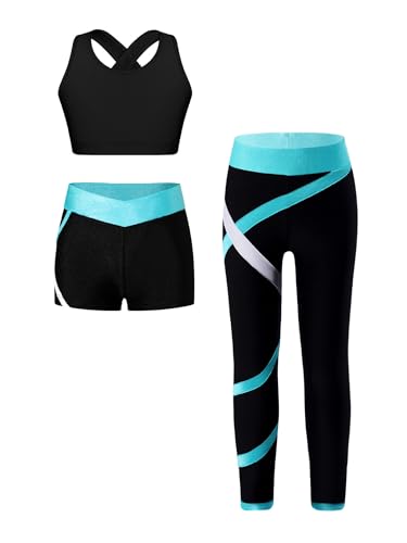 Fldy Kinder Trainingsanzug Mädchen Sport BH Und Leggings Set Mit Shorts Stretch Sportbekleidung Yoga Fitness Set Laufen Tanz Outfit Blaugrün_A 110-116 von Fldy