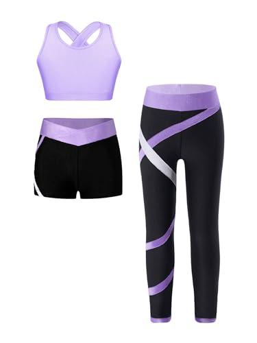 Fldy Kinder Trainingsanzug Mädchen Sport BH Und Leggings Set Mit Shorts Stretch Sportbekleidung Yoga Fitness Set Laufen Tanz Outfit Lavendel_A 134-140 von Fldy