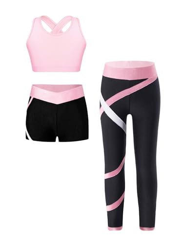 Fldy Kinder Trainingsanzug Mädchen Sport BH Und Leggings Set Mit Shorts Stretch Sportbekleidung Yoga Fitness Set Laufen Tanz Outfit Rosa_A 146-152 von Fldy