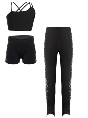 Fldy Kinder Trainingsanzug Mädchen Sport BH Leggings Shorts Set Mit Strass 3er Mädchen Sportbekleidung Yoga Fitness Set Laufen Tanz Outfit Schwarz 146-152 von Fldy