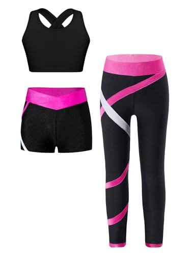 Fldy Kinder Trainingsanzug Mädchen Sport BH Und Leggings Set Mit Shorts Stretch Sportbekleidung Yoga Fitness Set Laufen Tanz Outfit Hotpink_A 146-152 von Fldy