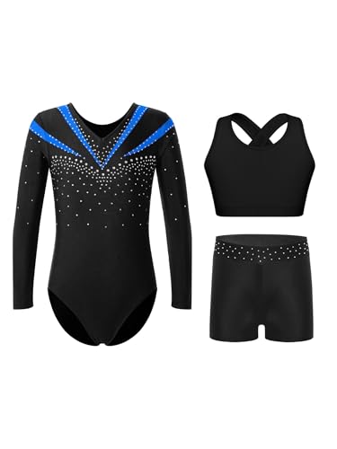 Fldy Kinder Turnanzug Mädchen Lamgarm Glitzer Gymnastik Body Shorts Und Sport BH 3pcs Set Wettkampf Tanzkleidung Blau 170 von Fldy