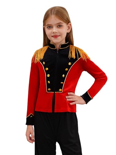 Fldy Kinder Zirkus Zirkusdirektor Jacke Mädchen Blazer Löwenbändiger Uniform Mantel Halloween Fasching Party Kleidung Rot&Schwarz 158-164 von Fldy