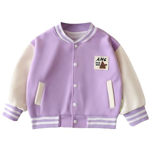 Fldy Kleinkind Baby Jungen Mädchen Baseball Jacke Farbblock College Jacke Mit Druckknöpfe Warme Frühling Herbst Winter Mantel Hellviolett 86-92 von Fldy