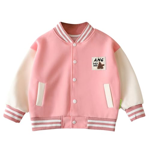 Fldy Kleinkind Baby Jungen Mädchen Baseball Jacke Farbblock College Jacke Mit Druckknöpfe Warme Frühling Herbst Winter Mantel Rosa 98-104 von Fldy