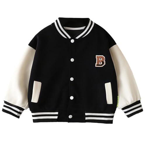 Fldy Kleinkind Baby Jungen Mädchen Baseball Jacke Farbblock College Jacke Mit Druckknöpfe Warme Frühling Herbst Winter Mantel Schwarz 92-98 von Fldy