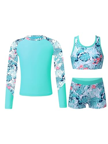 Fldy Mädchen Badeanzug 3er UV Schutz Tankini Set Tankini Hose Oberteil Langarm Shirt Set UPF 50+ Schwimmbekleidung Strandmode Blatt 158-164 von Fldy