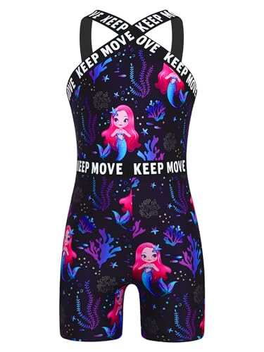 Fldy Mädchen Badeanzug Mit Bein Einteiler Schwimmanzug Kinder Badekleidung Surfen Sport Strandmode Athletic Swimsuit Schwarz&Meerjungfrau_A 158-164 von Fldy