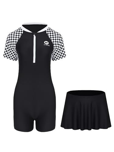 Fldy Mädchen Badeanzug Zweiteiler Mit Rock Kurzarm Bademode Overall Und Rock Bade-Set Kinder Badekleidung Sonnenschutz Sport Swimsuit Schwarz 152-158 von Fldy