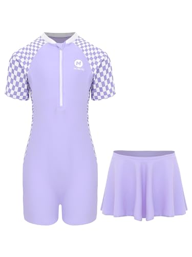 Fldy Mädchen Badeanzug Zweiteiler Mit Rock Kurzarm Bademode Overall Und Rock Bade-Set Kinder Badekleidung Sonnenschutz Sport Swimsuit Violett 128-134 von Fldy