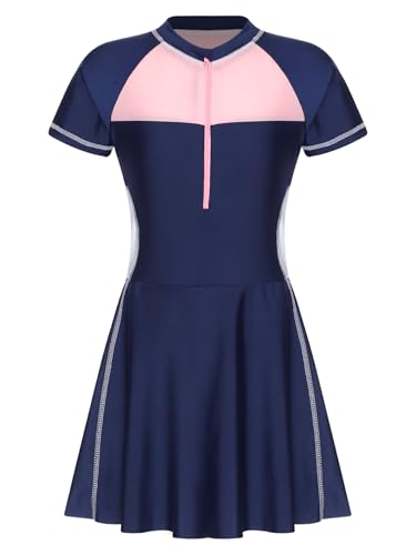 Fldy Mädchen Badekleid Kurzarm Badeanzug Einteilige Bademode Mit Rock Kinder Schwimmkleidung Surfen Strandbikini Sonnenschutz Dunkelblau 158-164 von Fldy
