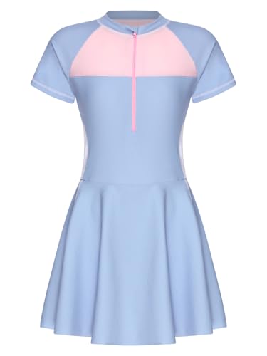 Fldy Mädchen Badekleid Kurzarm Badeanzug Einteilige Bademode Mit Rock Kinder Schwimmkleidung Surfen Strandbikini Sonnenschutz Hellblau 134-140 von Fldy