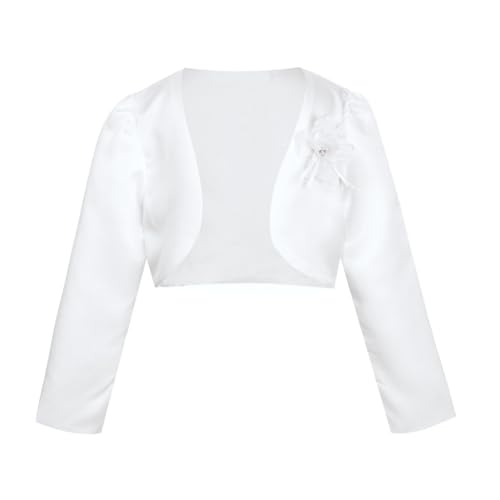 Fldy Mädchen Bolero Festlich Langarm Satin Schulterjacke Mit 3D Blumen Zum Kommunion Hochzeit Blumenmädchen Kleid Gr. 74-140 Weiß 74-80 von Fldy