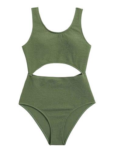 Fldy Mädchen Einteiliger Badeanzug Rippenstrick Bademode Bikini Mit Cut-Out Kinder Schwimmbekleidung Strandmode Grün_A 140-146 von Fldy
