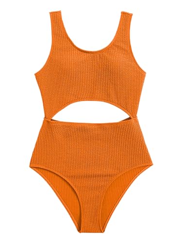 Fldy Mädchen Einteiliger Badeanzug Rippenstrick Bademode Bikini Mit Cut-Out Kinder Schwimmbekleidung Strandmode Orange_A 140-146 von Fldy