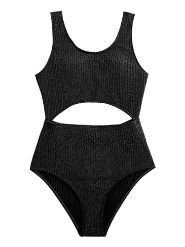 Fldy Mädchen Einteiliger Badeanzug Rippenstrick Bademode Bikini Mit Cut-Out Kinder Schwimmbekleidung Strandmode Schwarz_A 152-158 von Fldy