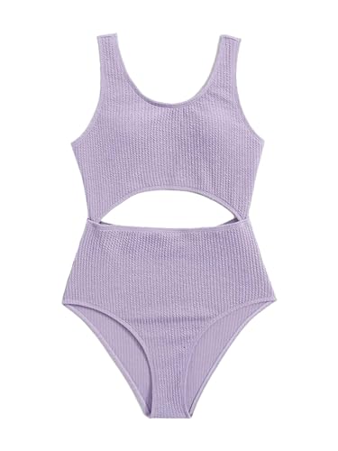 Fldy Mädchen Einteiliger Badeanzug Rippenstrick Bademode Bikini Mit Cut-Out Kinder Schwimmbekleidung Strandmode Violett_A 140-146 von Fldy