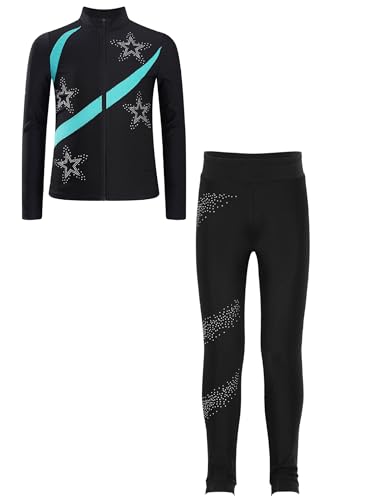 Fldy Mädchen Eiskunstlauf Anzug Glitzer Strass Jacke Und Leggings Mit Colorblock Kinder Eislaufen Tanzanzug Sport Kleidung Set Sweatsuit Cyan 122-128 von Fldy