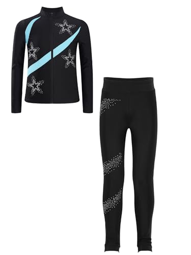 Fldy Mädchen Eiskunstlauf Anzug Glitzer Strass Jacke Und Leggings Mit Colorblock Kinder Eislaufen Tanzanzug Sport Kleidung Set Sweatsuit Hellblau 134-140 von Fldy