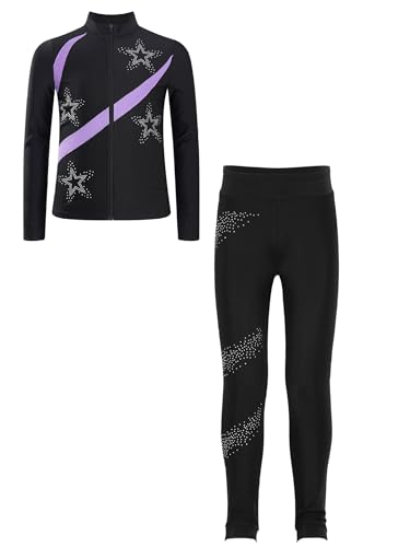 Fldy Mädchen Eiskunstlauf Anzug Glitzer Strass Jacke Und Leggings Mit Colorblock Kinder Eislaufen Tanzanzug Sport Kleidung Set Sweatsuit Hellviolett 146-152 von Fldy