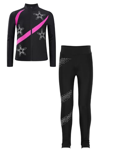 Fldy Mädchen Eiskunstlauf Anzug Glitzer Strass Jacke Und Leggings Mit Colorblock Kinder Eislaufen Tanzanzug Sport Kleidung Set Sweatsuit Hotpink 122-128 von Fldy