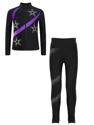 Fldy Mädchen Eiskunstlauf Anzug Glitzer Strass Jacke Und Leggings Mit Colorblock Kinder Eislaufen Tanzanzug Sport Kleidung Set Sweatsuit Violett 110-116 von Fldy
