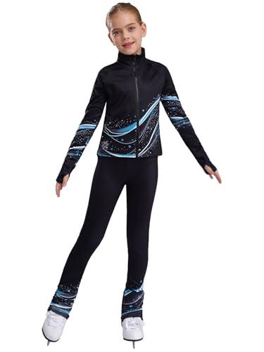 Fldy Mädchen Eiskunstlauf Anzug Warme Thermo Jacke Warm Eiskunstlauf Leggings Kinder Eislaufen Trainingsoutfit Sportanzug Tanzkleidung Blau 122-128 von Fldy