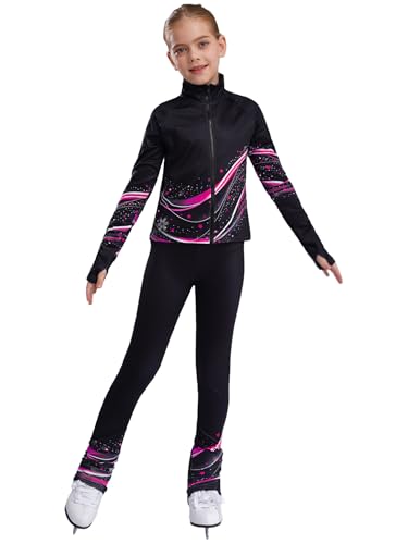 Fldy Mädchen Eiskunstlauf Anzug Warme Thermo Jacke Warm Eiskunstlauf Leggings Kinder Eislaufen Trainingsoutfit Sportanzug Tanzkleidung Hotpink 110-116 von Fldy